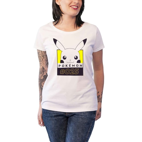 Pokemon T Shirt Pikachu #025 new Official Womens Skinny Fit White