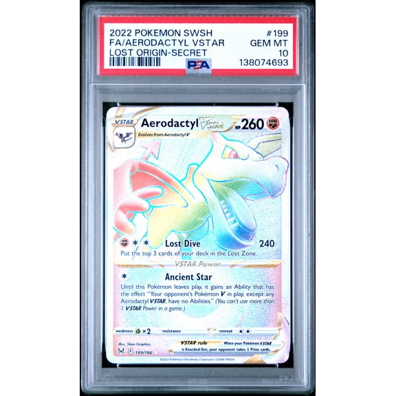 Pokemon TCG, PSA Graded 10 GEM MINT, Fa/Aerodactyl Vstar Lost Origin Secret #199, Sword & Shield Lost Origin, Fully Encapsulated Bundle with Compatible Pokemon Hard Sealed Case