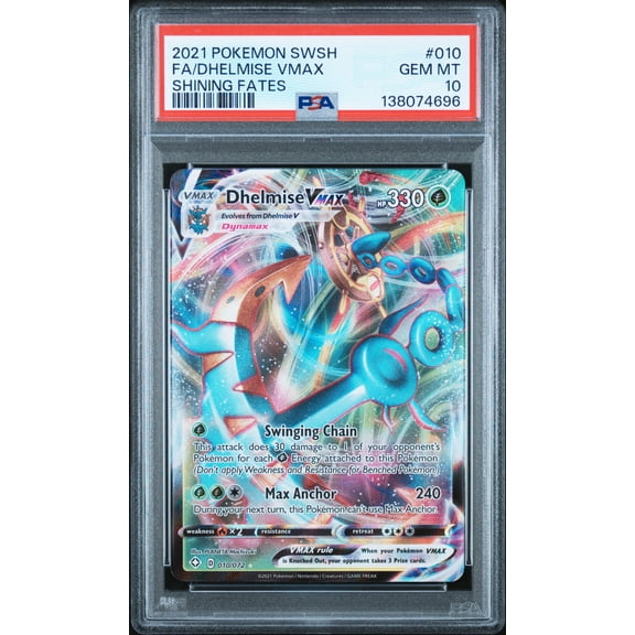 Pokemon TCG, PSA Graded 10 GEM MINT, Fa/Dhelmise Vmax Shining Fates #010, Sword & Shield Shining Fates, Fully Encapsulated Bundle with Compatible Pokemon Hard Sealed Case