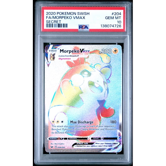 Pokemon TCG, PSA Graded 10 GEM MINT, Fa/Morpeko Vmax Secret #204, Sword & Shield, Fully Encapsulated Bundle with Compatible Pokemon Hard Sealed Case