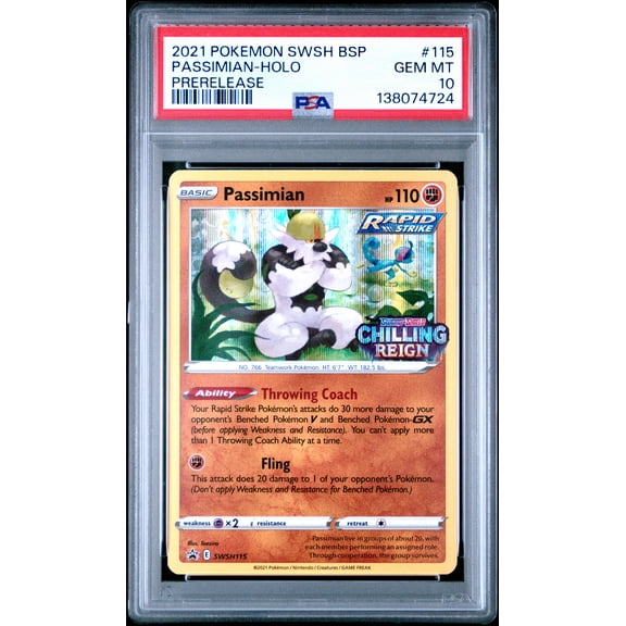 Pokemon TCG, PSA Graded 10 GEM MINT, Passimian Holo Prerelease #115, Swsh Black Star Promo, Fully Encapsulated Bundle with Compatible Pokemon Hard Sealed Case