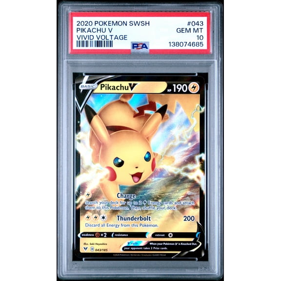 Pokemon TCG, PSA Graded 10 GEM MINT, Pikachu V Vivid Voltage #043, Sword & Shield Vivid Voltage, Fully Encapsulated Bundle with Compatible Pokemon Hard Sealed Case