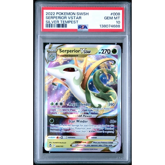 Pokemon TCG, PSA Graded 10 GEM MINT, Serperior Vstar Silver Tempest #008, Sword & Shield Silver Tempest, Fully Encapsulated Bundle with Compatible Pokemon Hard Sealed Case