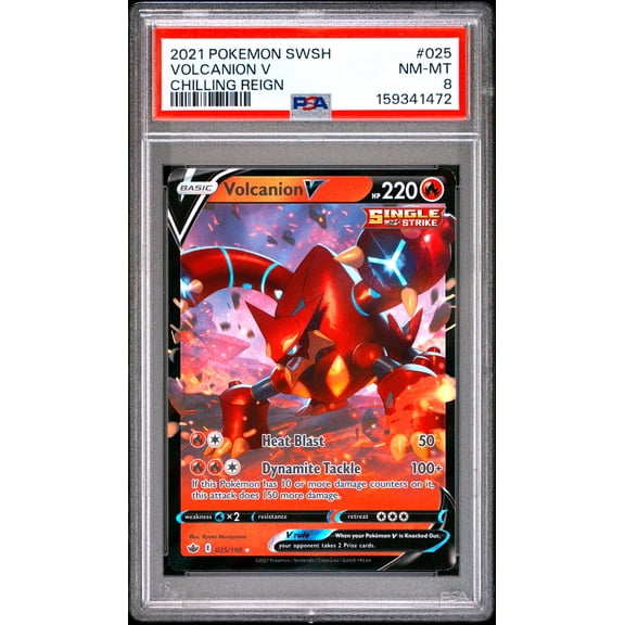 Pokemon TCG, PSA Graded 8 NM MT, Volcanion V Chilling Reign #025, Sword & Shield Chilling Reign, Fully Encapsulated Bundle with Compatible Pokemon Hard Sealed Case