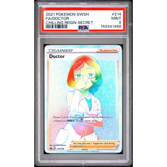 Pokemon TCG, PSA Graded 9 MINT, Fa/Doctor Chilling Reign Secret #214, Sword & Shield Chilling Reign, Fully Encapsulated Bundle with Compatible Pokemon Hard Sealed Case