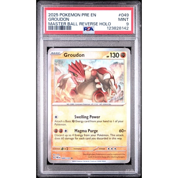 Pokemon TCG, PSA Graded 9 MINT, Groudon Master Ball Reverse Holo #049, Pre En Prismatic Evolutions, Fully Encapsulated Bundle with Compatible Pokemon Hard Sealed Case