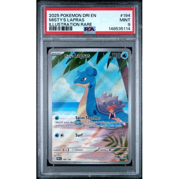 Pokemon TCG, PSA Graded 9 MINT, Misty's Lapras Illustration Rare #194, Dri En Destined Rivals, Fully Encapsulated Bundle with Compatible Pokemon Hard Sealed Case
