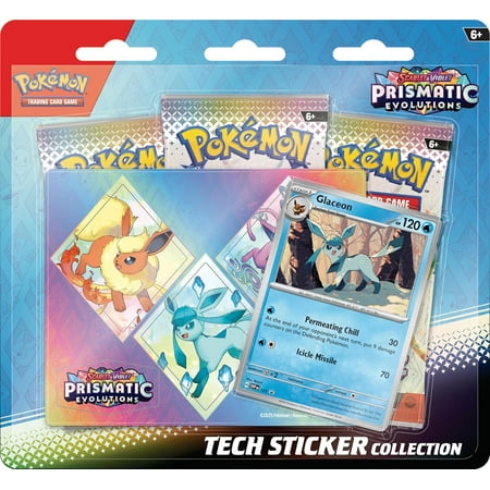 Pokemon TCG: Scarlet & Violet—Prismatic Evolutions Tech Sticker Collection – Glaceon (1 Foil Promo Card & 3 Booster Packs)
