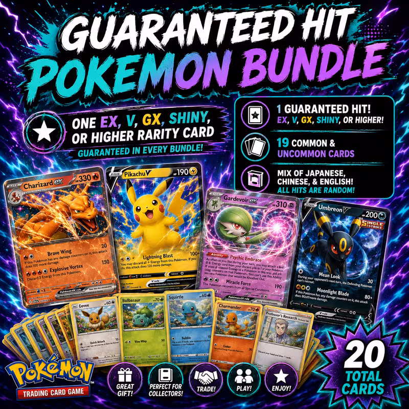 Pokemon Trading Card Game Bundle, Guaranteed Hit EX V GX Shiny or Higher Rarity Card, Mixed Languages, 20 Total Cards