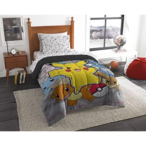 Pokemon Twin Sized Bed in a Bag Set, Pikachu Squirtle Eevee Charmander, Anime Bedding for Girls Boys, Battle Squad