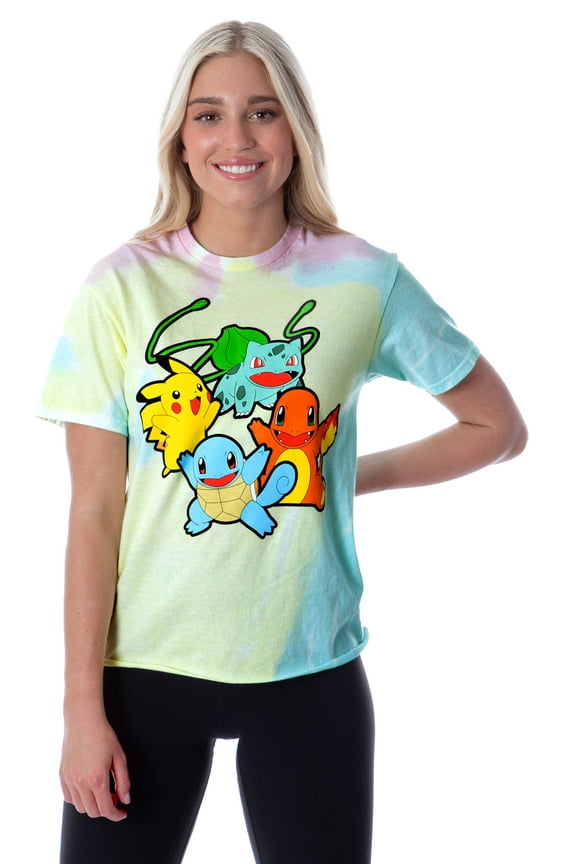 Pokemon Women's Pikachu Squirtle Charmander Bulbasaur Tie-Dye Skimmer T-Shirt