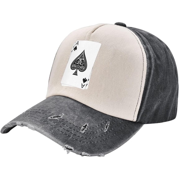 Poker Ace of Spades Vintage Washed Distressed Cotton Dad Hat Baseball Cap Adjustable Denim Dad Hat, Black and White