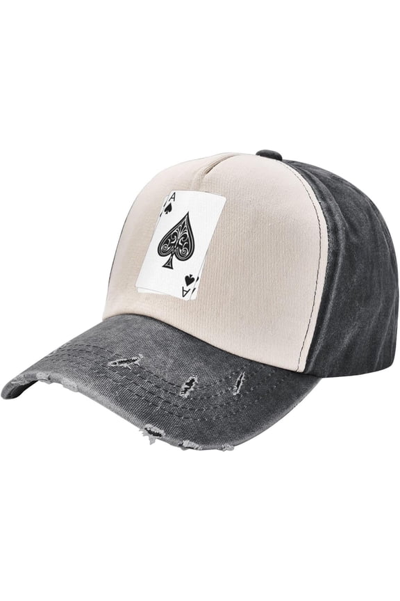 Poker Ace of Spades Vintage Washed Distressed Cotton Dad Hat Baseball Cap Adjustable Denim Dad Hat, Black and White