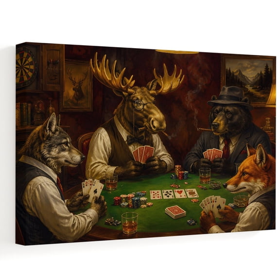 Poker Animals Canvas Wall Art, Funny Brown Moose Bear Fox Poker Cards Rustic Cabin Wall Art Prints Artwork Framed Canvas Ready to Hang Art Pictures for Bathroom, Dressing Table, Entryway 12" x 8"