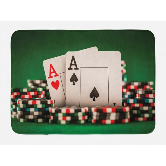 Poker Bath Mat, Illustration with Stack of Gaming Chips and Playing Cards Showing 2 Aces, Plush Bathroom Decor Mat with Non Slip Backing, 29.5" X 17.5", Emerald and Multicolor, by Ambesonne