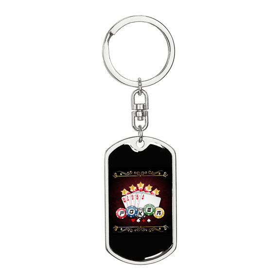 Poker Cards Gambler Dog Tag Keychain Stainless Steel Silver Tone or Gold Tone