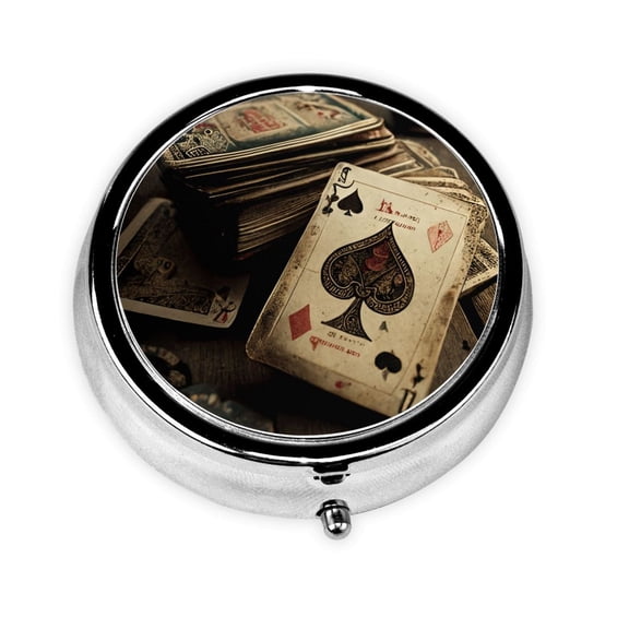 Poker Cards Vintage Mini Round Pill Box Portable Small Pill Case Organizer with 3 Compartments for Pocket Purse