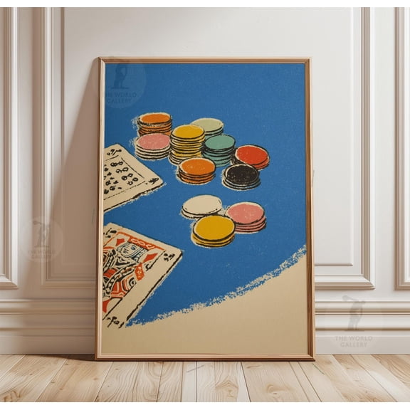 Poker Chips Casino Table Print Retro Playing Cards Game Room Wall Art