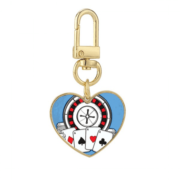 Poker Chips Turntable Illustration Gold Heart Keychain Metal Keyring Holder