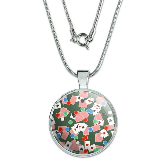 Poker Chips and Ace Cards Pattern 1" Pendant with Sterling Silver Plated Chain