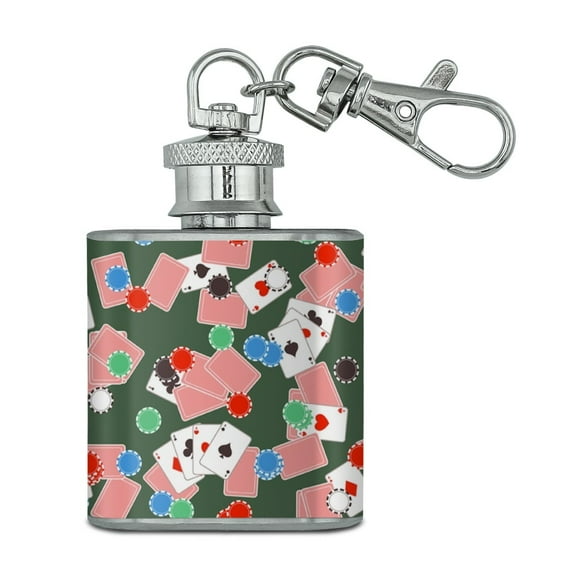 Poker Chips and Ace Cards Pattern Stainless Steel 1oz Mini Flask Key Chain