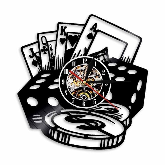 Poker Dice Wall Art Poker Chip Set Wall Clock Poker Room Wall Decor Clock Vinyl Record Wall Clock Poker Player Gambler Gift Without LED