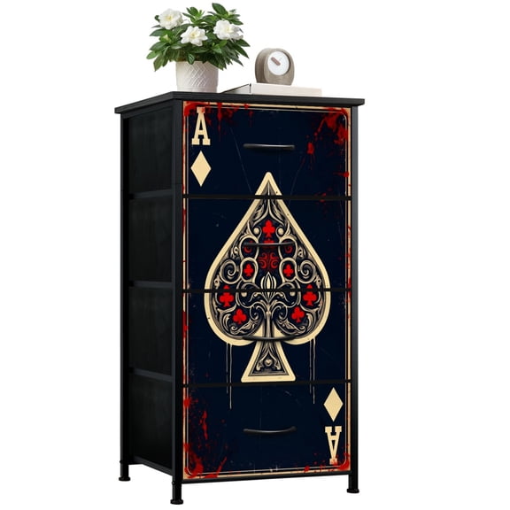 Poker Dresser for Bedroom with 4 Storage Drawers Dark Gothic Ace Spades Red Ornamental Accents Vintage Dressers Chest of Drawers Steel Framed Fabric Closet Organizers for Dorm Entryway