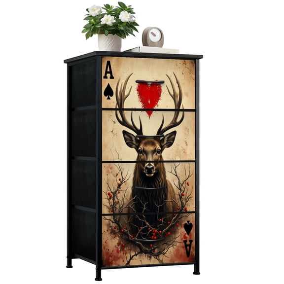 Poker Dresser for Bedroom with 4 Storage Drawers Majestic Deer Large Antlers Heart Symbol Dark Fantasy Dressers Chest of Drawers Steel Framed Fabric Closet Organizers for Dorm Entryway