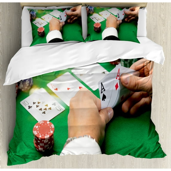 Poker Duvet Cover Set, Casino Pattern Image with Man Holding 2 Aces in His Hands at Table, Decorative 3 Piece Bedding Set with 2 Pillow Shams, King Size, Forest Green and Multicolor, by Ambesonne