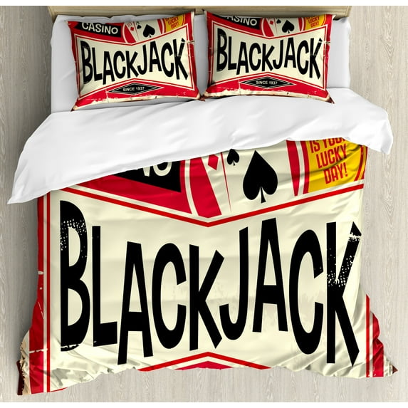 Poker Duvet Cover Set, Casino Sign Illustration Showing Blackjack Gambling Game Art Print, Decorative 3 Piece Bedding Set with 2 Pillow Shams, Calking Size, Cream Vermilion and Dark Grey, by Ambesonne