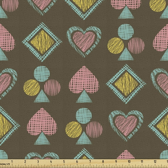 Poker Fabric by the Yard, Playing Card in Doodle Style with Pale Pink and Blue Tones with Grunge Effect, Upholstery Fabric for Dining Chairs Home Decor Accents, 2 Yards, Multicolor by Ambesonne