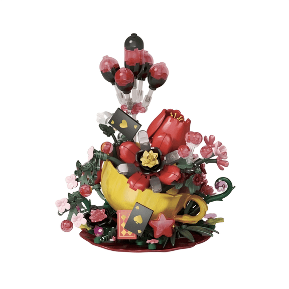 Poker & Floral Teacup Building Block Set, Creative Birthday Gift, Home Office Table Centerpiece