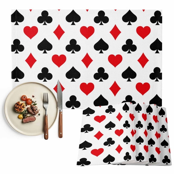 Poker Game Texture Placemats Set of 12, Red Black Casino Pattern Table Mats Washable Heat-Insulation Non-Slip Place Mats for Kitchen Dinner Table Indoor Outdoor Decor,13x19 Inch