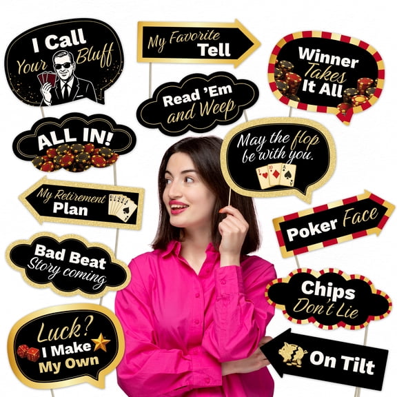 Poker Night Photo Booth Props, 12-Piece Casino Party Decorations for Game Night & Birthday Celebrations