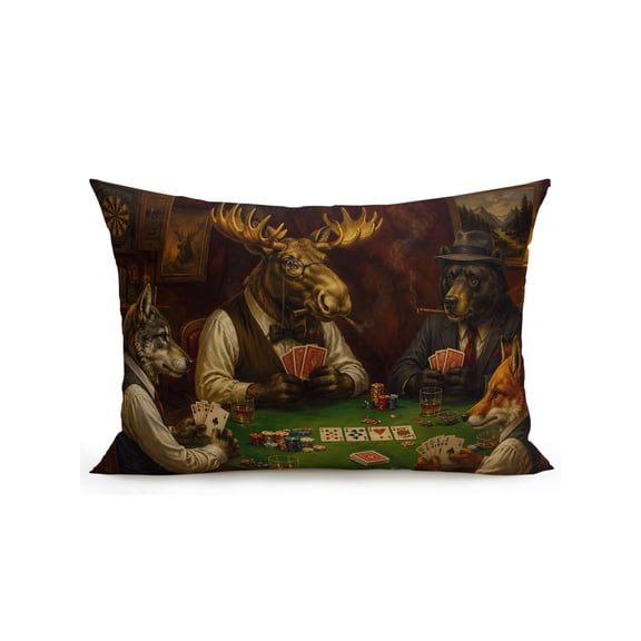 Poker Outdoor Throw Pillow with Insert, 12"x20" Funny Brown Moose Bear Fox Poker Cards Rustic Cabin Waterproof Decorative Patio Pillows for Chair Back Support, Sofa & Bench