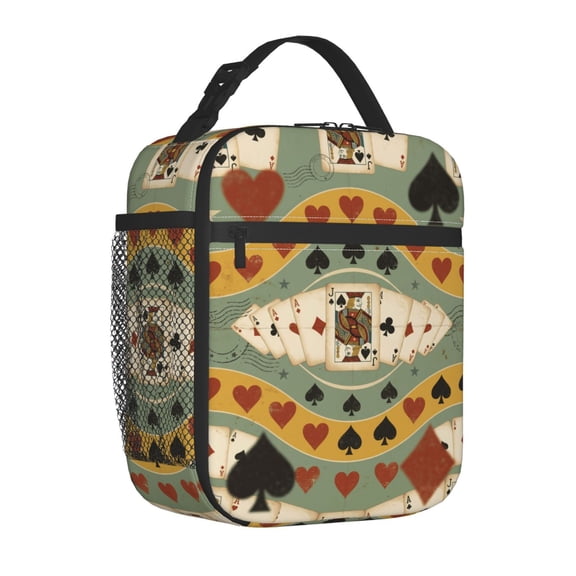 Poker Pattern Lunch Bag, Portable Insulated Soft Shell Picnic Pack, Reusable Triple-Layer Thermal Bento Carrier, Unique Card Design Daypack For Hiking Beach