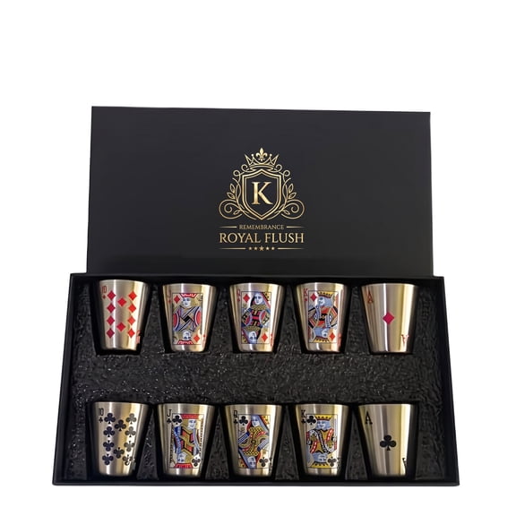 Poker Pattern Stainless Steel Shot Glass Set with Luxury Gift Box, Mini Whiskey Rum Cocktail Drinking Cups, Bar Party Drinking Accessory, Ideal Gift for Men
