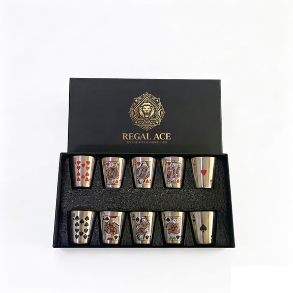 Poker Pattern Stainless Steel Shot Glass Set with Luxury Gift Box, Mini Whiskey Rum Cocktail Drinking Cups, Bar Party Drinking Accessory, Ideal Gift for Men