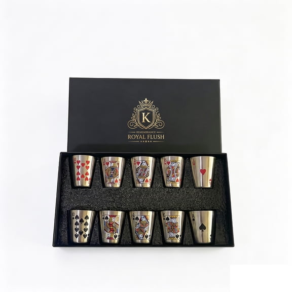 Poker Pattern Stainless Steel Shot Glass Set with Luxury Gift Box, Mini Whiskey Rum Cocktail Drinking Cups, Bar Party Drinking Accessory, Ideal Gift for Men