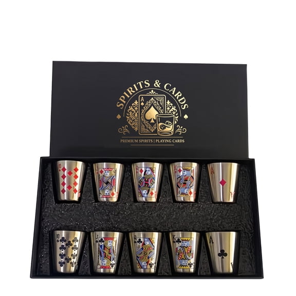 Poker Pattern Stainless Steel Shot Glass Set with Luxury Gift Box, Mini Whiskey Rum Cocktail Drinking Cups, Bar Party Drinking Accessory, Ideal Gift for Men
