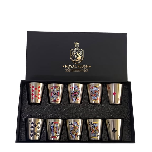 Poker Pattern Stainless Steel Shot Glass Set with Luxury Gift Box, Mini Whiskey Rum Cocktail Drinking Cups, Bar Party Drinking Accessory, Ideal Gift for Men