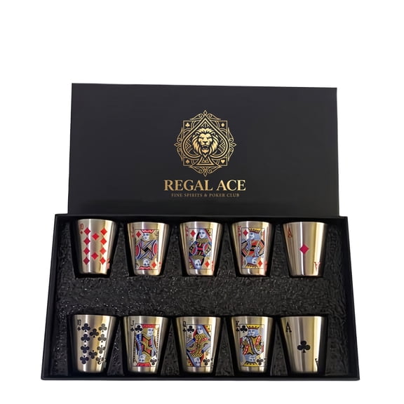 Poker Pattern Stainless Steel Shot Glass Set with Luxury Gift Box, Mini Whiskey Rum Cocktail Drinking Cups, Bar Party Drinking Accessory, Ideal Gift for Men