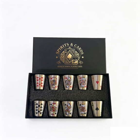 Poker Pattern Stainless Steel Shot Glass Set with Luxury Gift Box, Mini Whiskey Rum Cocktail Drinking Cups, Bar Party Drinking Accessory, Ideal Gift for Men