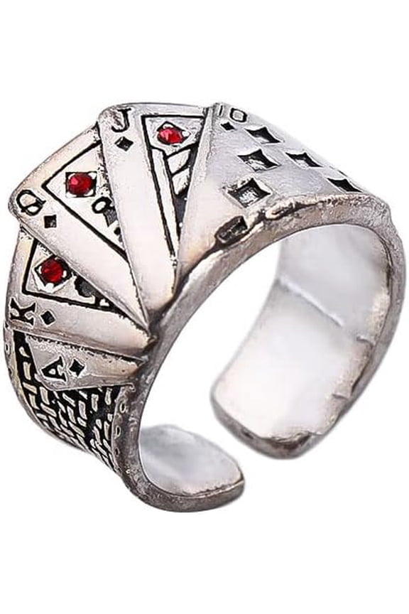 Poker Playing Card Ring Hip Hop Casino Adjustable Alloy Punk Geometric Finger Ring Silver Unisex