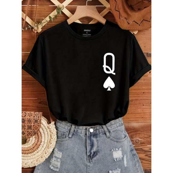 Poker Q Print Crew Neck T-Shirt, Casual Short Sleeve T-Shirt For Spring & Summer, Women's Clothing