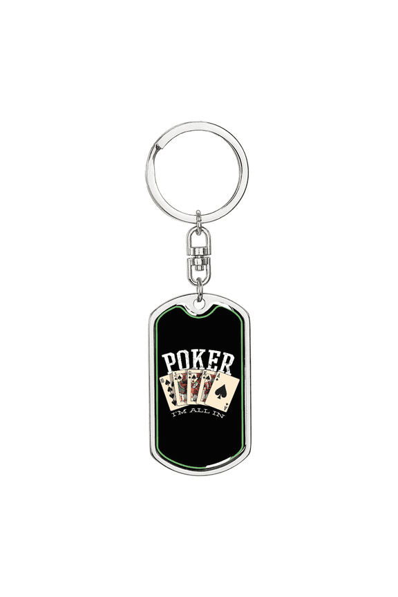 Poker Royal Flush Gambler Dog Tag Keychain Stainless Steel Silver Tone or Gold Tone