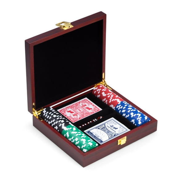 Poker Set with 100, 11.5 gram Clay Composite Chips, Two Decks of Playing Cards & 5 Poker Dice in Cherry Finish Wood Case and Brass Hardware.