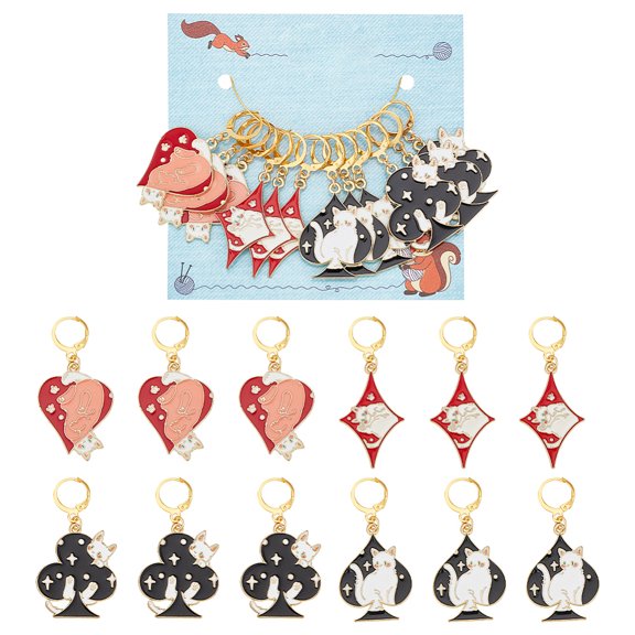 Poker Sign with Cat Pattern Alloy Enamel Pendant Stitch Markers Locking Stitch Marker with Wine Glass Charm Ring Mixed Color 4.7~5.1cm 12pcs/set