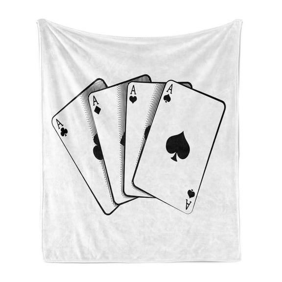 Poker Soft Flannel Fleece Blanket, A Winning Hand with Four Aces Monochrome Illustration of Playing Cards, Cozy Plush for Indoor and Outdoor Use, 70" x 90", White and Charcoal Grey, by Ambesonne