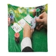 thumbnail image 1 of Poker Soft Flannel Fleece Blanket, Casino Pattern Image with Man Holding 2 Aces in His Hands at Table, Cozy Plush for Indoor and Outdoor Use, 60" x 80", Forest Green and Multicolor, by Ambesonne, 1 of 5
